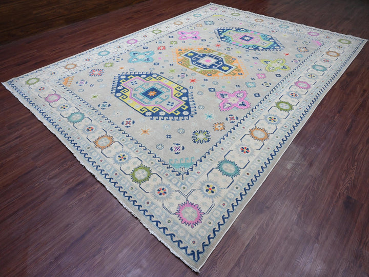 9'7" x 13'4" New Hand Knotted Grey Wool Rectangle Oriental Rug - MOA10220974