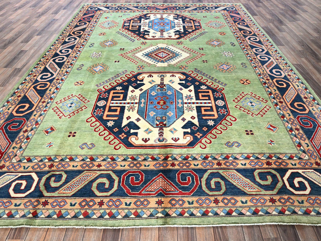 9'2" x 11'7" New Hand Knotted Green Wool Rectangle Oriental Rug - MOA102299