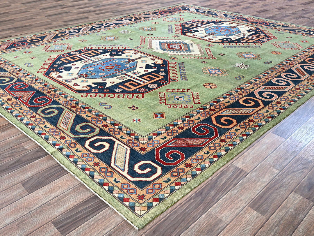 9'2" x 11'7" New Hand Knotted Green Wool Rectangle Oriental Rug - MOA102299