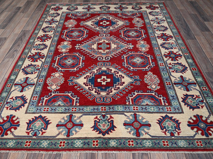 5'1" x 6'9" New Hand Knotted Red Wool Rectangle Oriental Rug - MOA102331