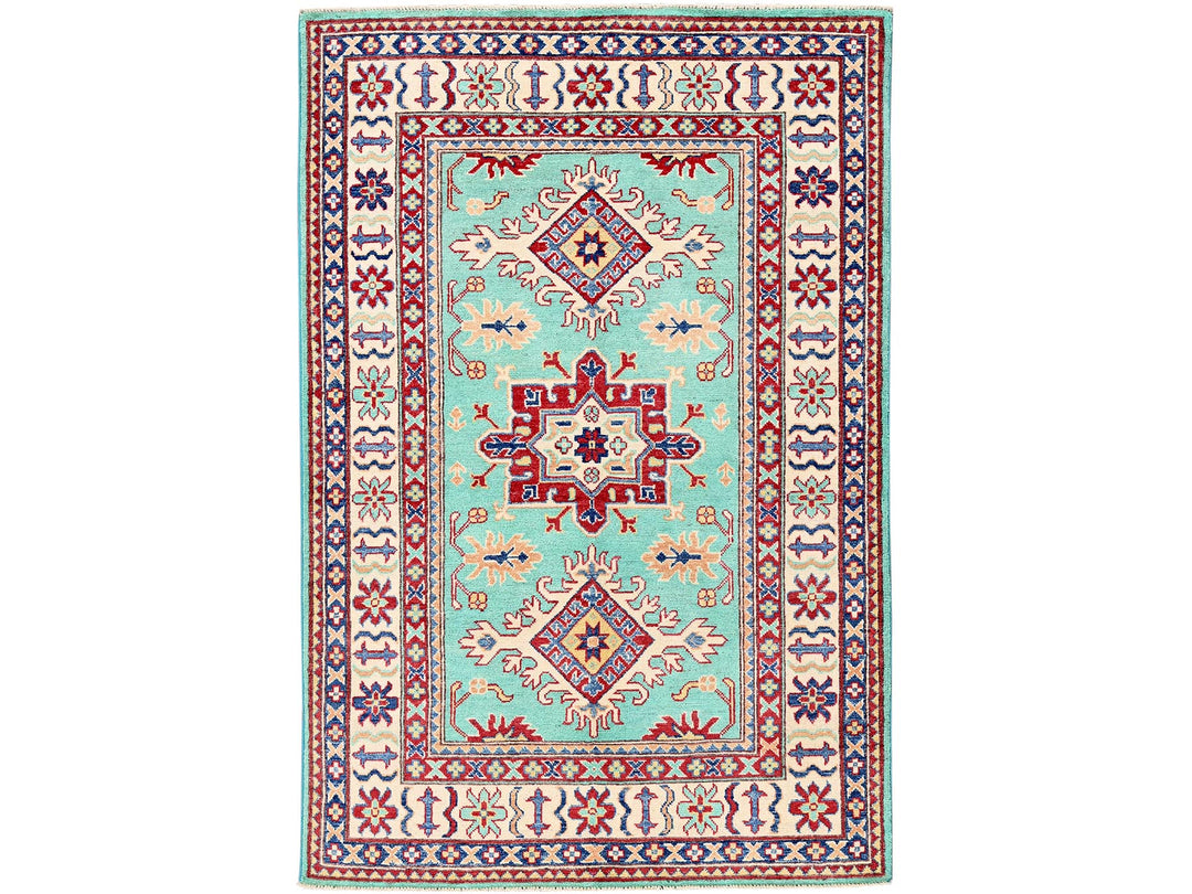 3'11" x 5'10" New Hand Knotted Green Wool Rectangle Oriental Rug - MOA102355