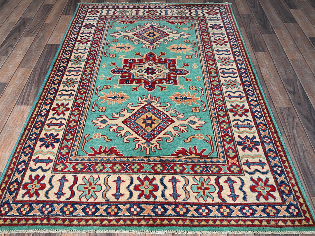 3'11" x 5'10" New Hand Knotted Green Wool Rectangle Oriental Rug - MOA102355