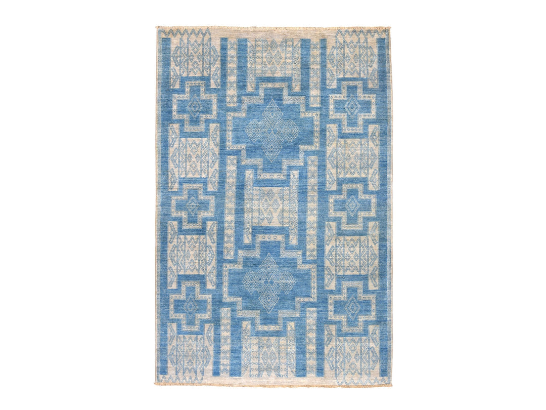 6'0" x 8'9" New Hand Knotted Blue Wool Rectangle Oriental Rug - MOA10252485