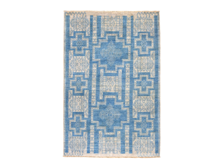 6'0" x 8'9" New Hand Knotted Blue Wool Rectangle Oriental Rug - MOA10252485