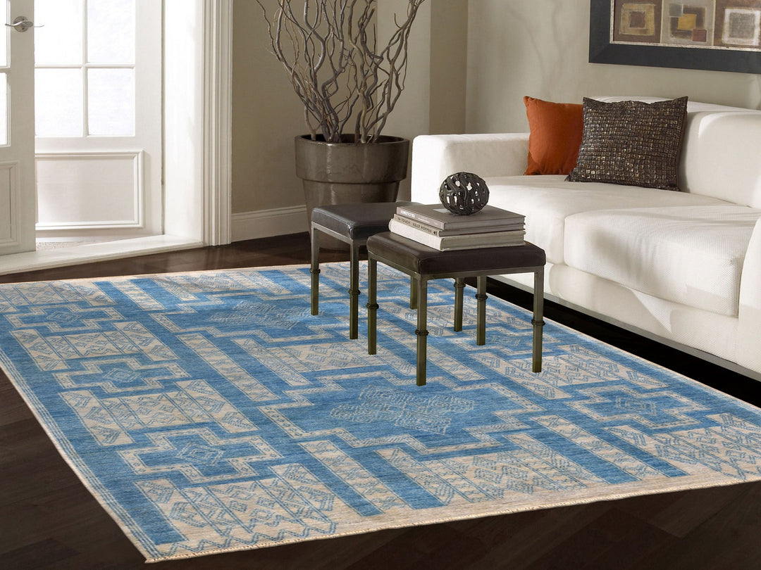 6'0" x 8'9" New Hand Knotted Blue Wool Rectangle Oriental Rug - MOA10252485