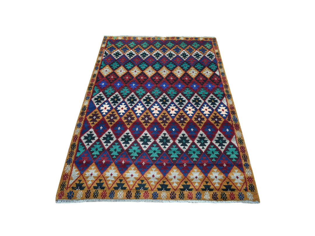 4'1" x 5'9" New Hand Knotted Red Wool Rectangle Oriental Rug - MOA10253307