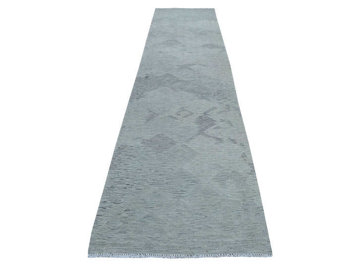 3'1" x 14'0" New Hand Woven Grey Wool Runner Oriental Rug - MOA10253819