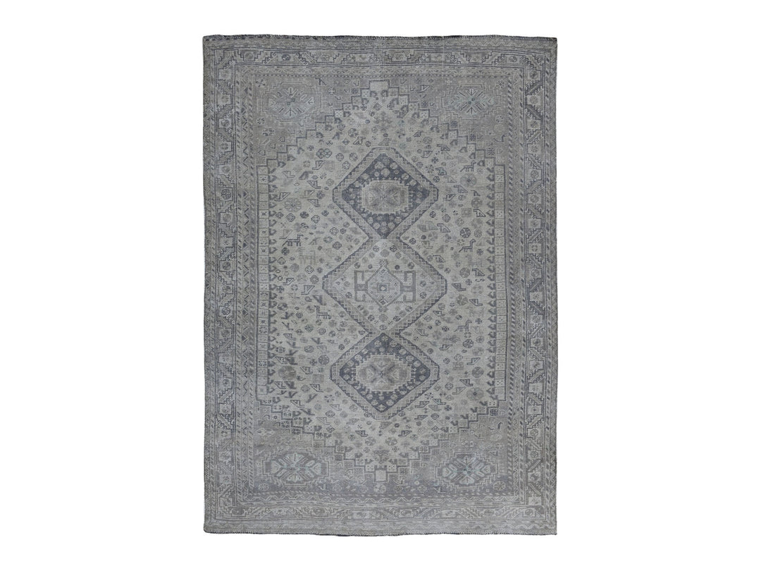 6'10" x 10'1" New Hand Knotted Grey Worn Wool Rectangle Oriental Rug - MOA10254035