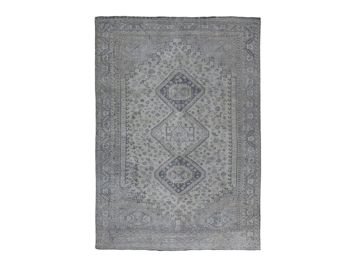 6'10" x 10'1" New Hand Knotted Grey Worn Wool Rectangle Oriental Rug - MOA10254035