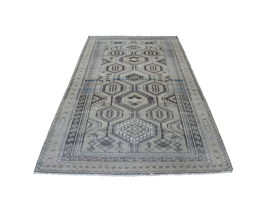 5'5" x 8'4" New Hand Knotted Beige Worn Wool Rectangle Oriental Rug - MOA10254068