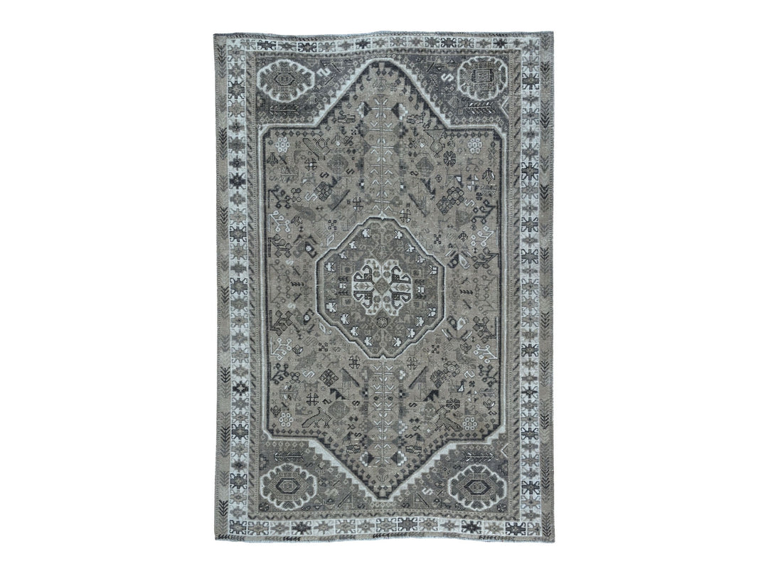 6'4" x 9'1" New Hand Knotted Grey Worn Wool Rectangle Oriental Rug - MOA10254128