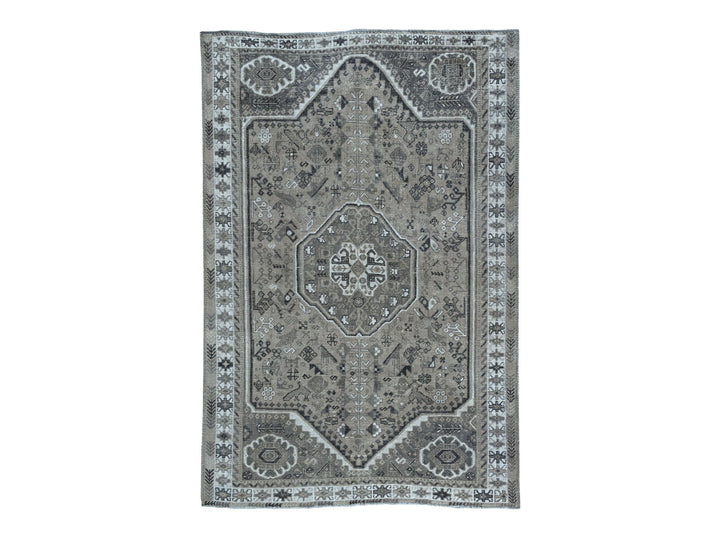 6'4" x 9'1" New Hand Knotted Grey Worn Wool Rectangle Oriental Rug - MOA10254128