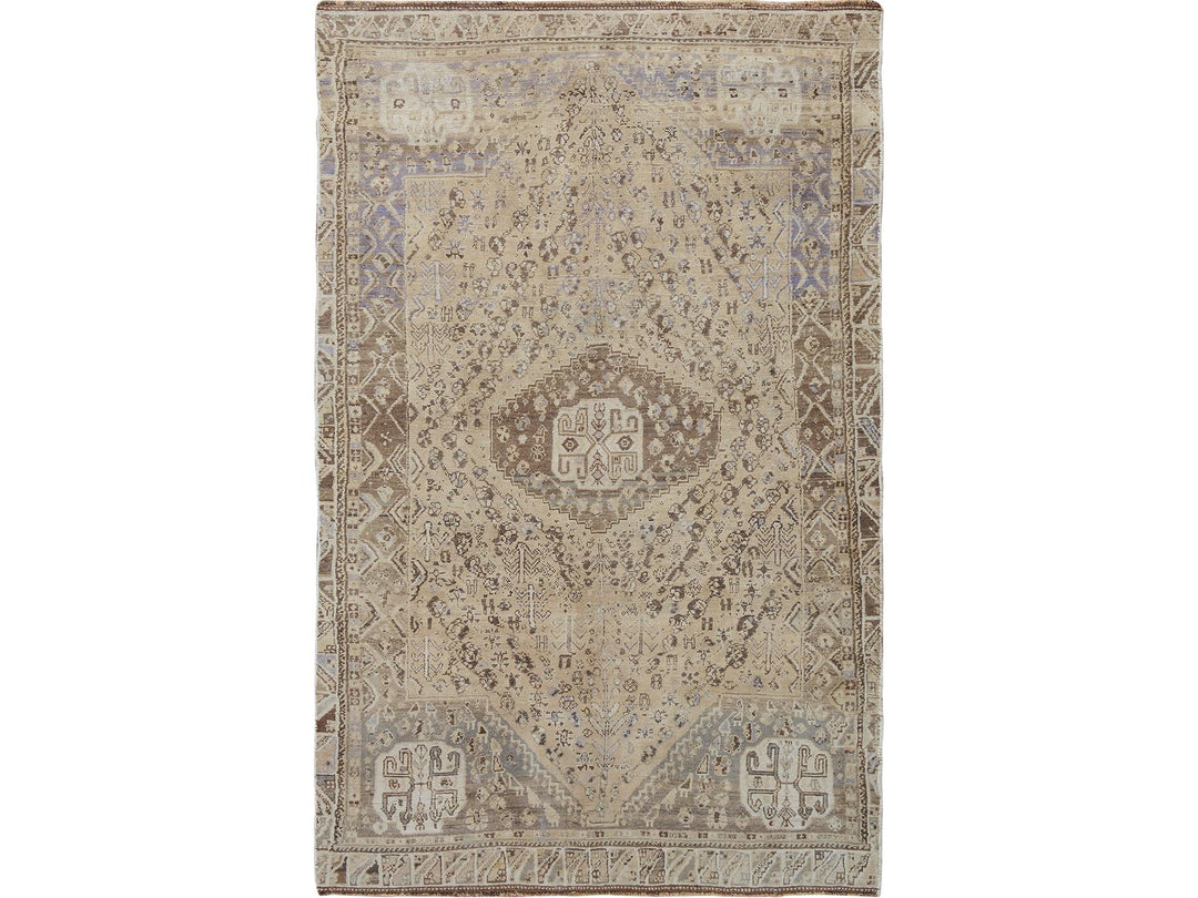 4'4" x 7'4" New Hand Knotted Beige Worn Wool Rectangle Oriental Rug - MOA10257214