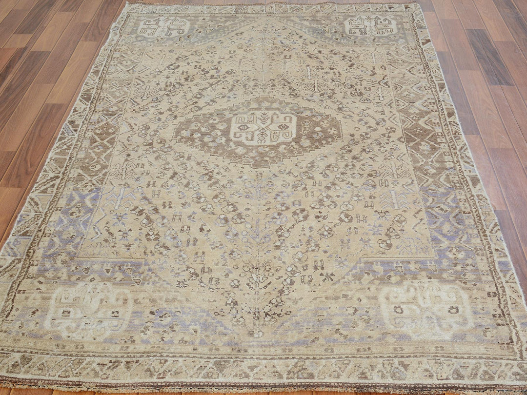 4'4" x 7'4" New Hand Knotted Beige Worn Wool Rectangle Oriental Rug - MOA10257214