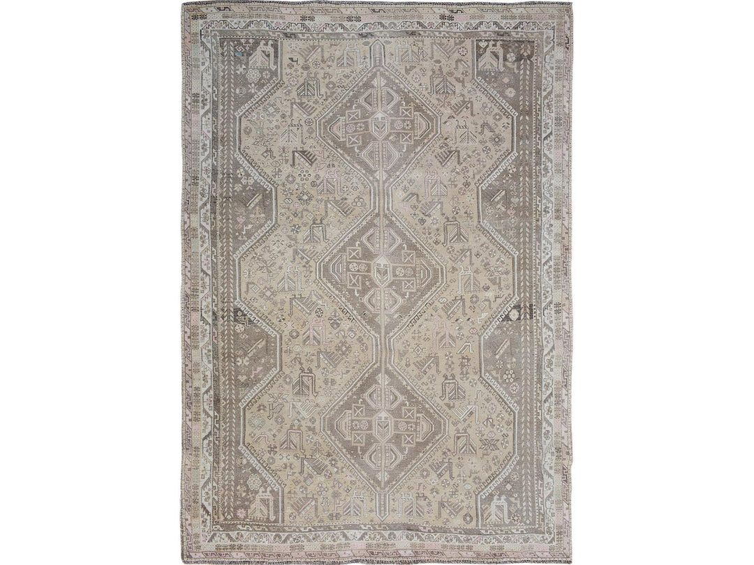 7'1" x 9'10" New Hand Knotted Beige Worn Wool Rectangle Oriental Rug - MOA10257255