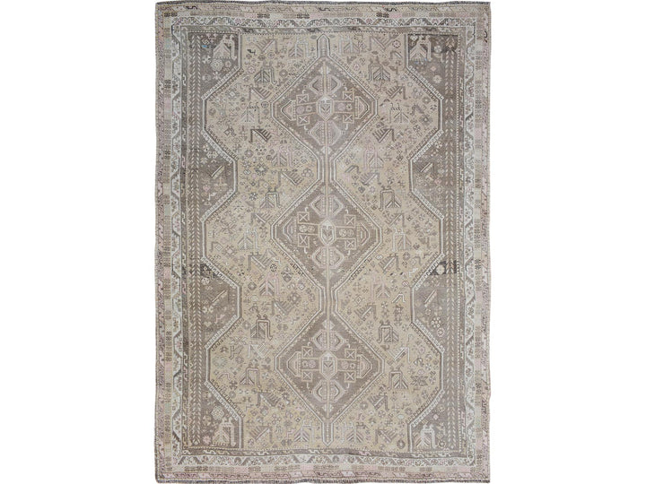 7'1" x 9'10" New Hand Knotted Beige Worn Wool Rectangle Oriental Rug - MOA10257255