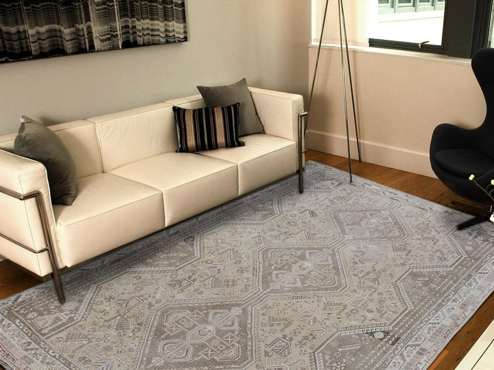 7'1" x 9'10" New Hand Knotted Beige Worn Wool Rectangle Oriental Rug - MOA10257255