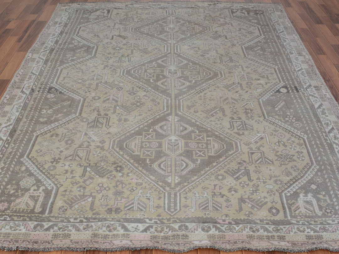 7'1" x 9'10" New Hand Knotted Beige Worn Wool Rectangle Oriental Rug - MOA10257255
