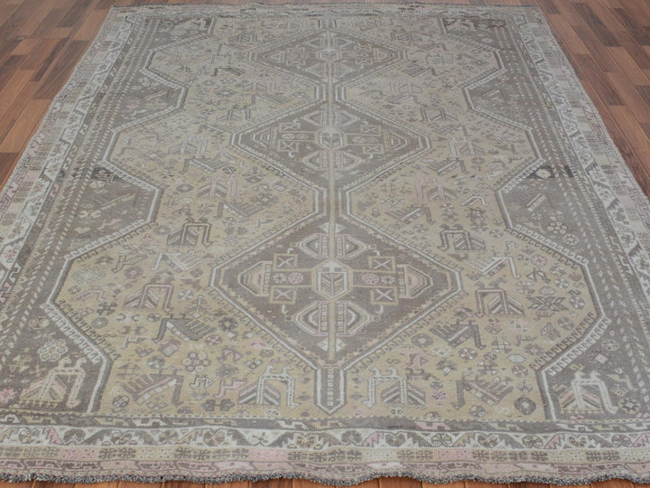 7'1" x 9'10" New Hand Knotted Beige Worn Wool Rectangle Oriental Rug - MOA10257255