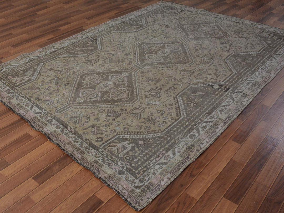 7'1" x 9'10" New Hand Knotted Beige Worn Wool Rectangle Oriental Rug - MOA10257255