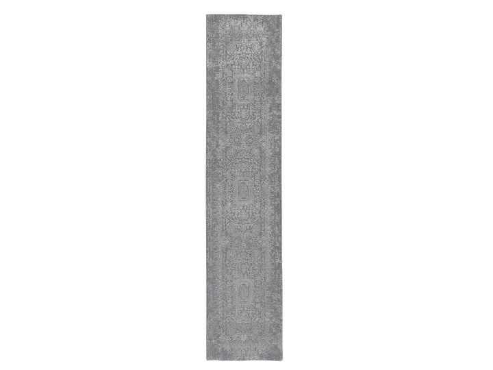 2'5" x 12'2" New Hand Loomed Grey Wool & Silk Runner Oriental Rug - MOA10258001