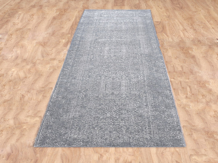 2'5" x 12'2" New Hand Loomed Grey Wool & Silk Runner Oriental Rug - MOA10258001
