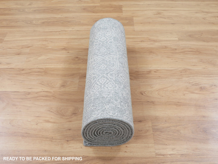 2'5" x 12'2" New Hand Loomed Grey Wool & Silk Runner Oriental Rug - MOA10258001