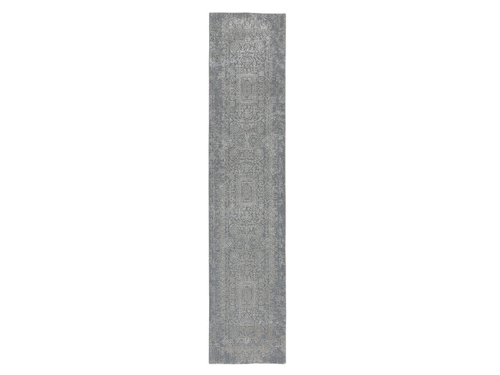 2'5" x 12'1" New Hand Loomed Grey Wool & Silk Runner Oriental Rug - MOA10258003