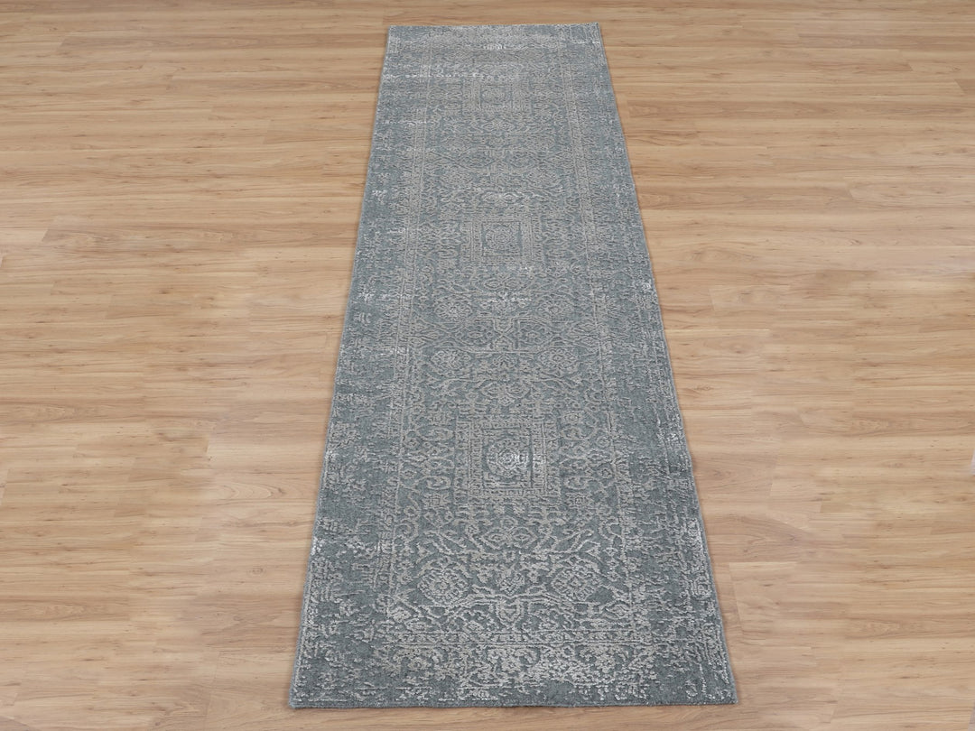 2'5" x 12'1" New Hand Loomed Grey Wool & Silk Runner Oriental Rug - MOA10258003