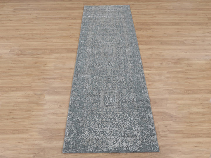 2'5" x 12'1" New Hand Loomed Grey Wool & Silk Runner Oriental Rug - MOA10258003