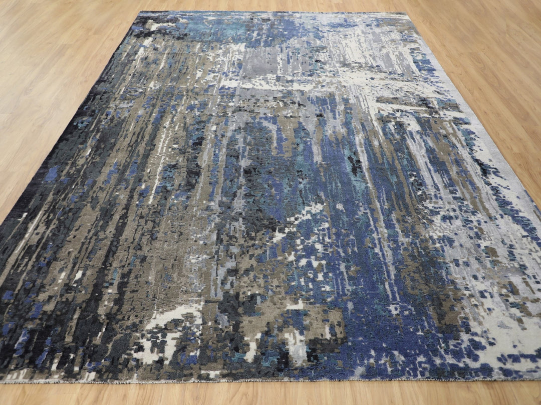 9'9" x 13'9" New Hand Knotted Blue Wool & Silk Rectangle Oriental Rug - MOA10258014