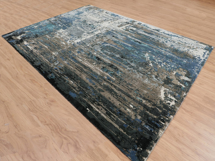 9'9" x 13'9" New Hand Knotted Blue Wool & Silk Rectangle Oriental Rug - MOA10258014