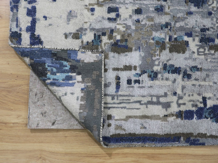 9'9" x 13'9" New Hand Knotted Blue Wool & Silk Rectangle Oriental Rug - MOA10258014