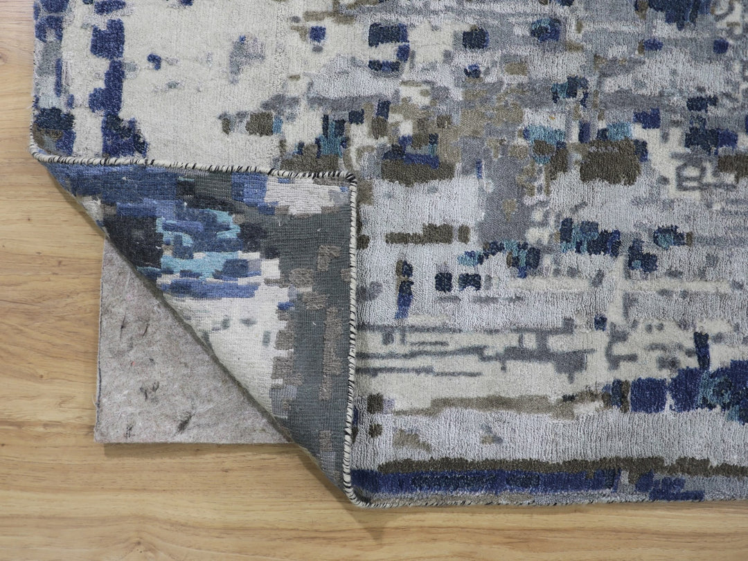 9'9" x 13'9" New Hand Knotted Blue Wool & Silk Rectangle Oriental Rug - MOA10258014