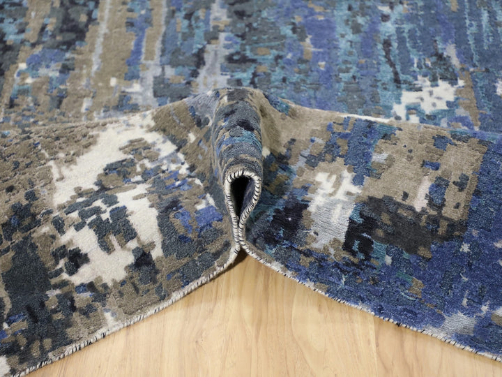 9'9" x 13'9" New Hand Knotted Blue Wool & Silk Rectangle Oriental Rug - MOA10258014