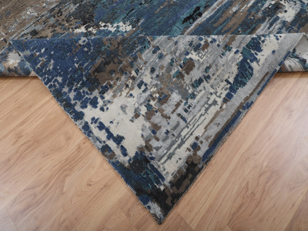 9'9" x 13'9" New Hand Knotted Blue Wool & Silk Rectangle Oriental Rug - MOA10258014