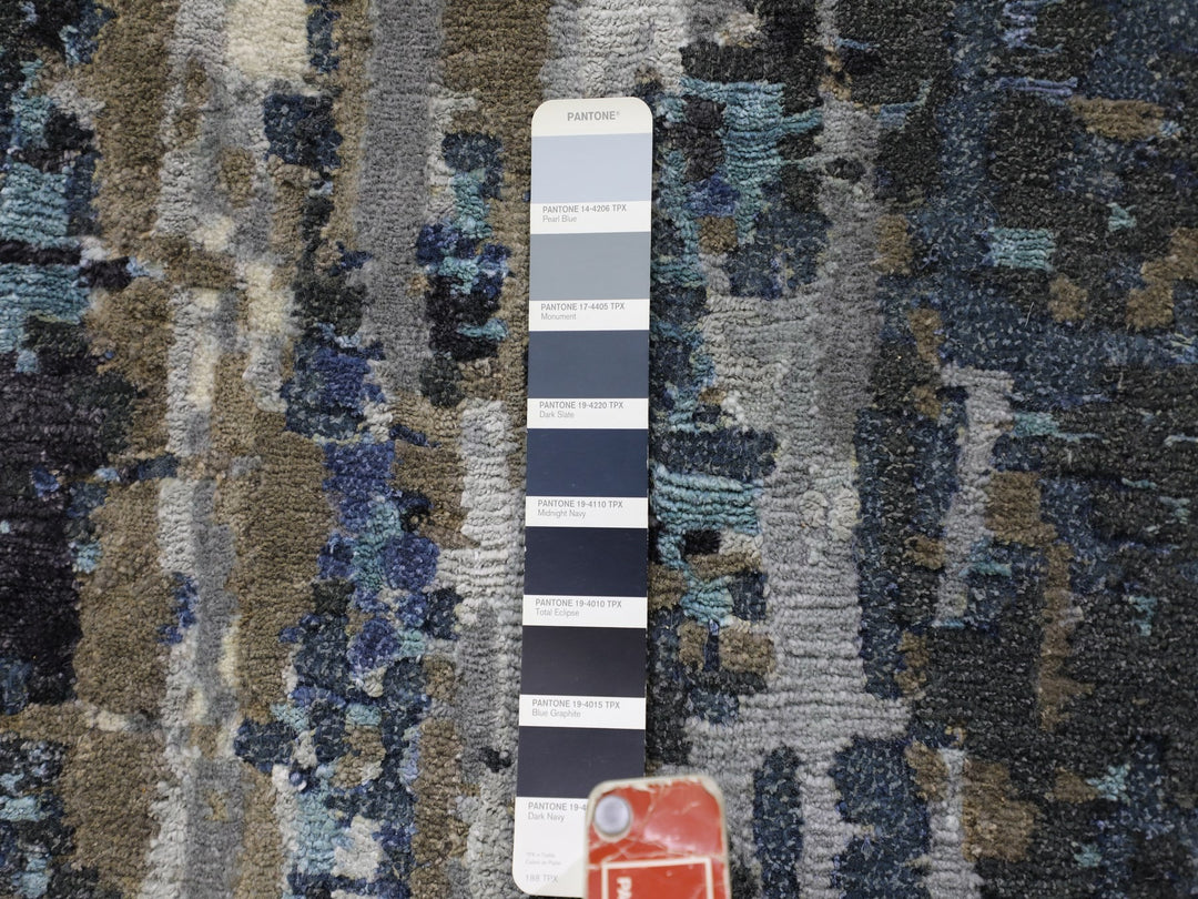 9'9" x 13'9" New Hand Knotted Blue Wool & Silk Rectangle Oriental Rug - MOA10258014