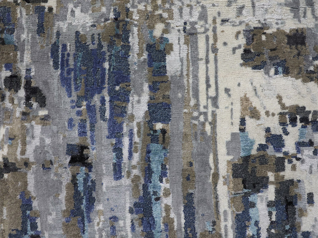 9'9" x 13'9" New Hand Knotted Blue Wool & Silk Rectangle Oriental Rug - MOA10258014