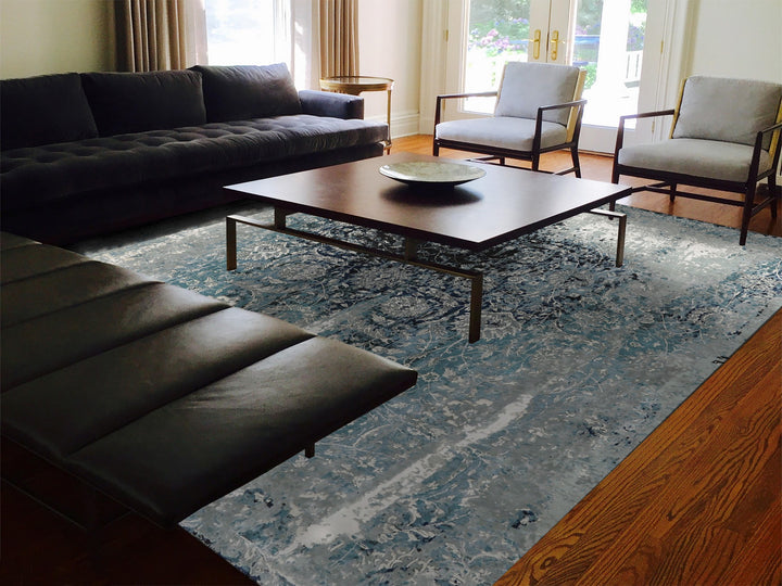 12'2" x 12'2" New Hand Knotted Blue Wool & Silk Square Oriental Rug - MOA10258016