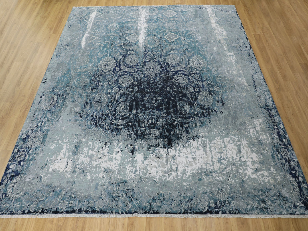 12'2" x 12'2" New Hand Knotted Blue Wool & Silk Square Oriental Rug - MOA10258016