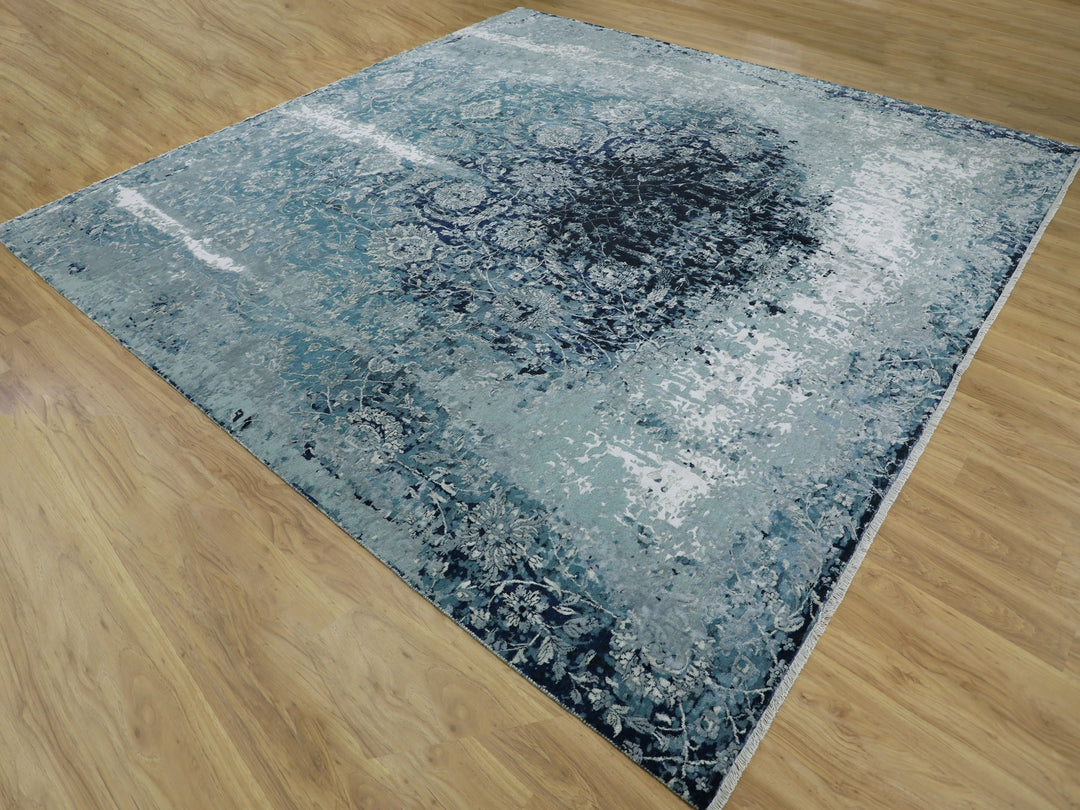 12'2" x 12'2" New Hand Knotted Blue Wool & Silk Square Oriental Rug - MOA10258016