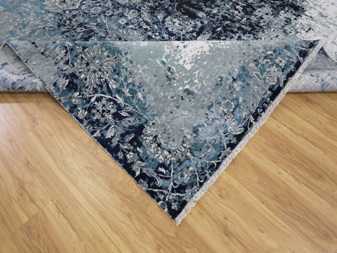 12'2" x 12'2" New Hand Knotted Blue Wool & Silk Square Oriental Rug - MOA10258016