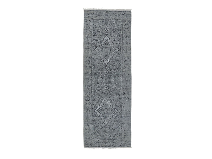2'10" x 8'0" New Hand Knotted Grey Wool & Silk Runner Oriental Rug - MOA10258022