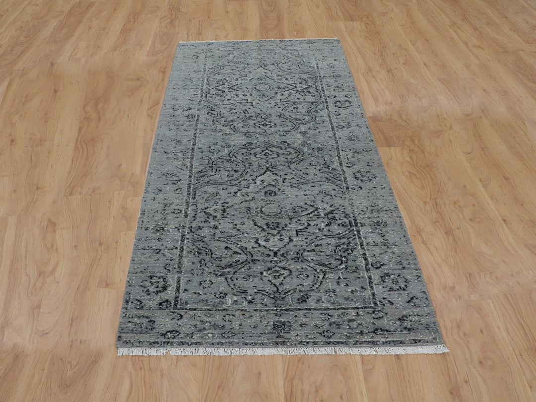 2'10" x 8'0" New Hand Knotted Grey Wool & Silk Runner Oriental Rug - MOA10258022