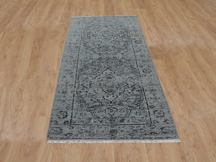 2'10" x 8'0" New Hand Knotted Grey Wool & Silk Runner Oriental Rug - MOA10258022