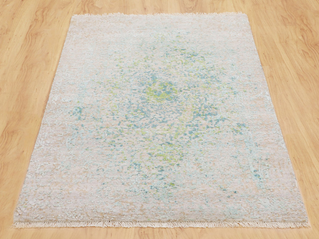 3'0" x 5'0" New Hand Knotted Ivory Wool & Pure Silk Rectangle Oriental Rug - MOA10258103