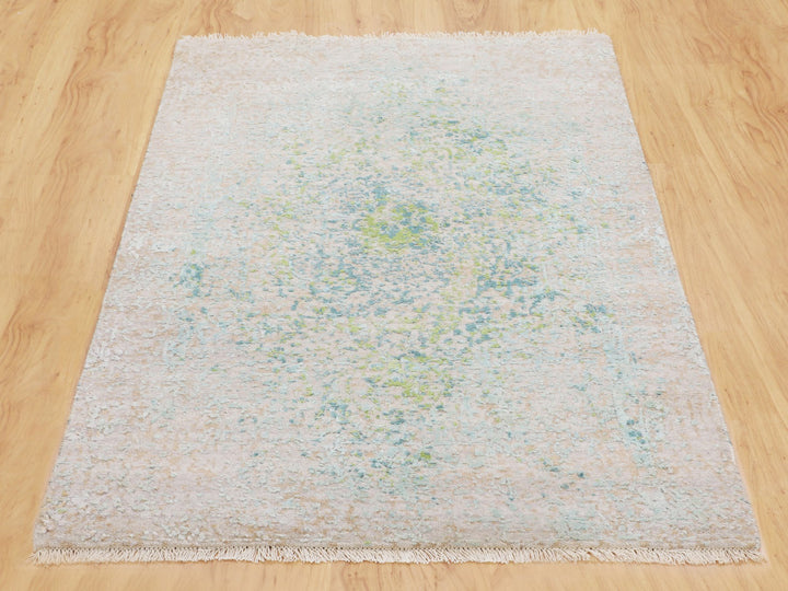 3'0" x 5'0" New Hand Knotted Ivory Wool & Pure Silk Rectangle Oriental Rug - MOA10258103