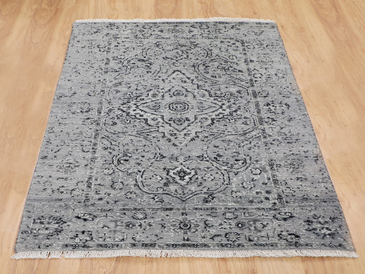 3'1" x 5'1" New Hand Knotted Grey Wool & Silk Rectangle Oriental Rug - MOA10258104