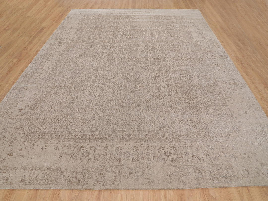 11'8" x 14'8" New Hand Loomed Beige Wool & Silk Rectangle Oriental Rug - MOA10258113