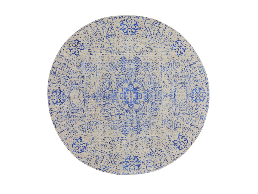 8'0" x 8'0" New Hand Loomed Blue Wool & Silk Round Oriental Rug - MOA10258118